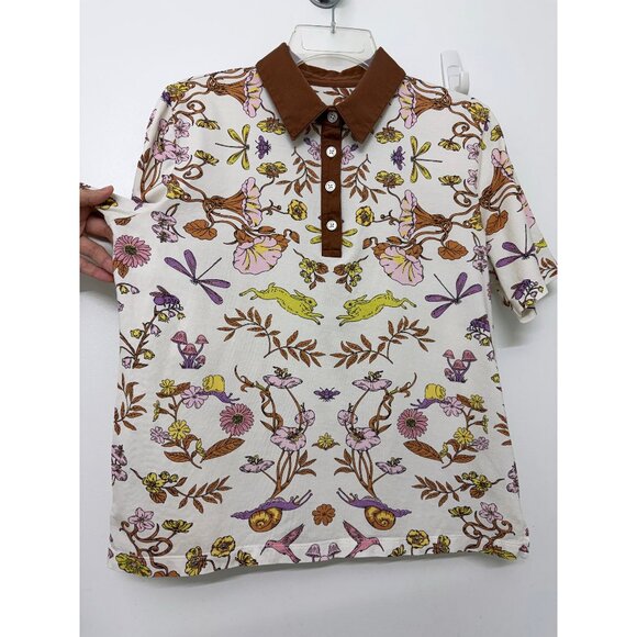Tory Burch Ivory Rabbit Field Printed Mercerized Polo T Shirt Floral Bunny M - Picture 6 of 15